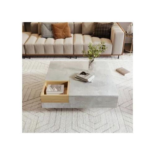 Table basse table d'appoint avec boîte de rangement amovible, gris béton et couleur bois, 72*72*30 cm.