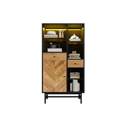 Vitrine Avec Barre Lumineuse Led 12 Couleurs, Armoire De Cuisine Avec Tiroirs Et Étagères En Verre, Grain De Bois Triangulaire