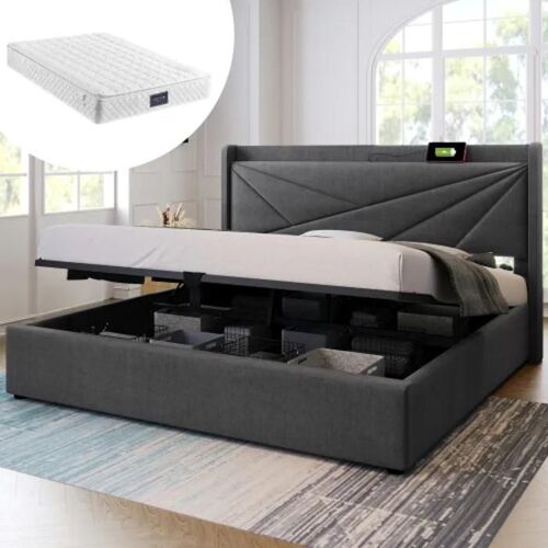 Lit double capitonné Tête de lit avec USB Type C, cadre de lit en lin Sommier à lattes (avec matelas) 160x200
