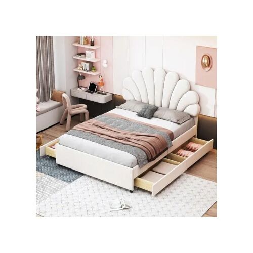 Lit capitonné 140 x 200 cm, cadre de lit avec tête de lit florale et sommier à lattes avec compartiments de rangement, beige