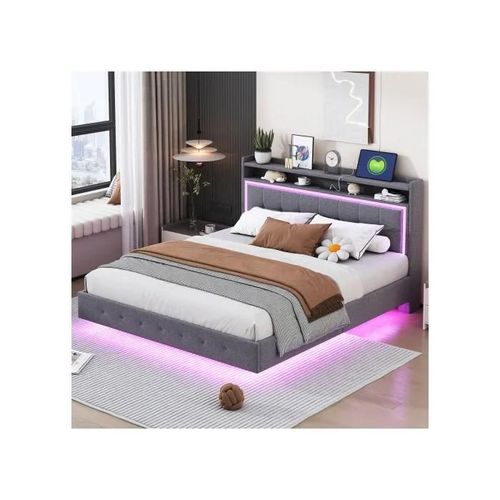Lit Rembourré 160*200, Avec Prise Usb Et Éclairage Led, Le Lit Peut Être Placé À La Tête Du Lit, Tissu De Lin Gris