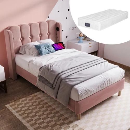 Lit Rembourré Avec Chargeur Usb Type C, Cadre De Lit Avec Sommier À Lattes, Lit Rembourré Rose, 90 X 200 Cm Avec Matelas