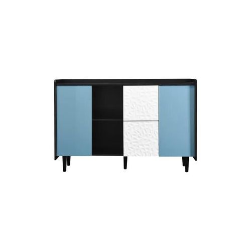Armoire De Rangement Noire Avec Portes Bleues, Dotée De Deux Tiroirs Au Style Unique Et De Deux Compartiments De Rangement Ouverts.
