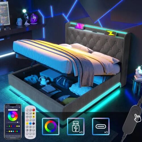 Lit double, 360 LED surround, 160*200 cm, lin gris, avec USB Type-C (matelas non inclus)