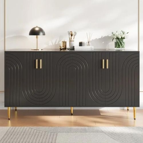 Buffet Noir (152 X 40 X 75 Cm) Au Design Ondulé Distinctif, Avec Poignées Et Pieds Dorés, Pour Créer Un Espace Repas Élégant.