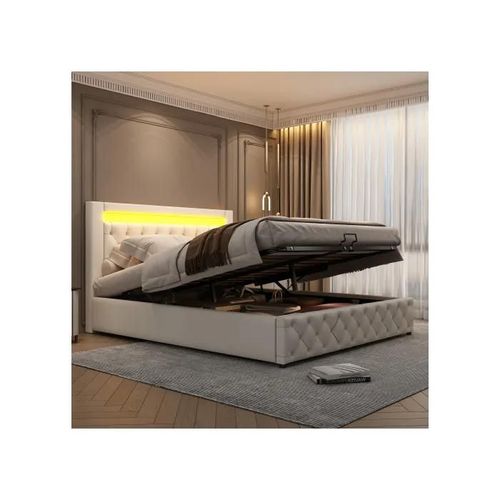 Lit Rembourré 140 X 200 Cm, Avec Sommier À Lattes Et Rangement, Avec Éclairage Led, Avec Rangement, Blanc, Pu