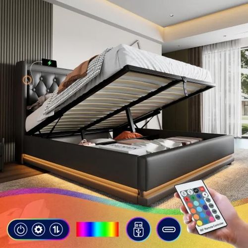 Lit Double Capitonné, 160*200 Cm, Pu Noir, Lit De Rangement Hydraulique, Tête De Lit Capitonnée Avec Usb (Matelas Non Inclus)