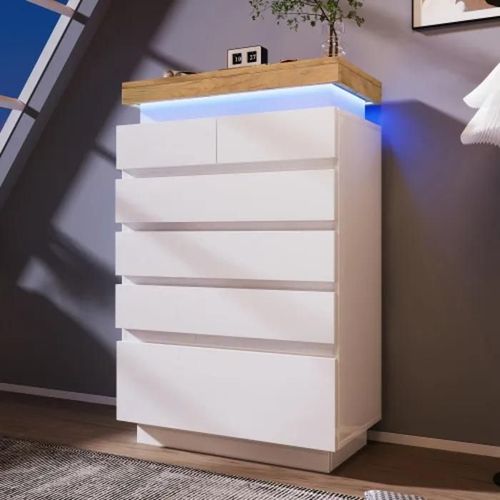 Commode, Buffet Brillant Avec 6 Tiroirs, Éclairage Led (Commandé Par L'application), 115 X 73 X 39 Cm, Blanc