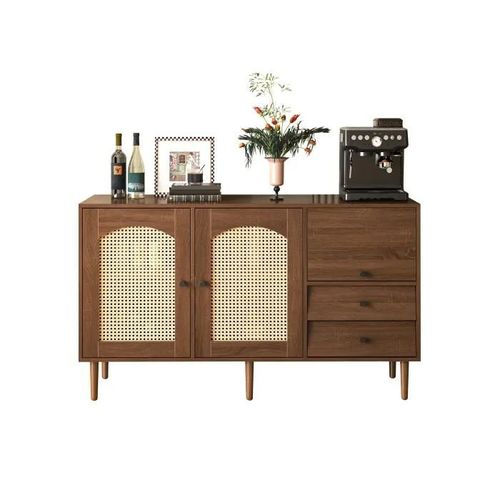 Buffet Rustique Avec Portes En Rotin - 130 X 75,5 X 40 Cm - Fermeture Magnétique, Étagère Réglable