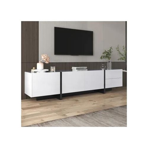 Meuble Tv, Panneau Bas Avec Pieds À Verrouillage Colorés, Blanc Brillant Et Noir, Avec Portes Et Tiroirs