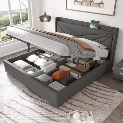 Lit de rangement avec USB C, lit de rangement Cadre de lit en lin avec sommier à lattes (sans matelas) 180x200 Lit Junior