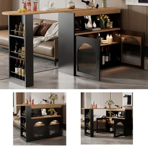 138-193X39X105CM Table de bar moderne extensible avec bande lumineuse LED de 1m (couleur réglable), noir