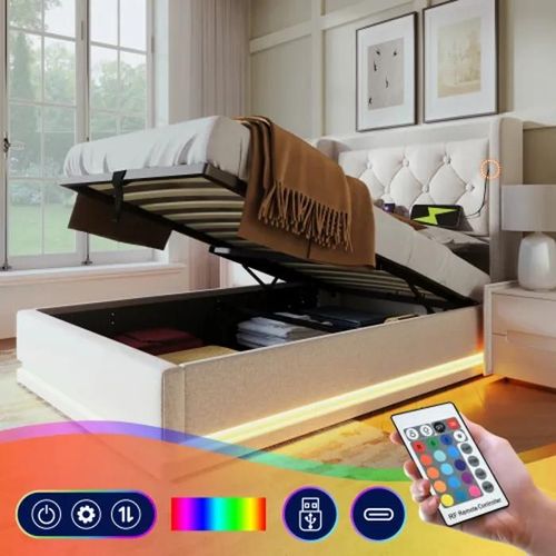 Lit À Matelas 90*200 Cm, Tête De Lit Rembourrée Avec Usb, Fonction Led Sur Trois Côtés (Sans Matelas)