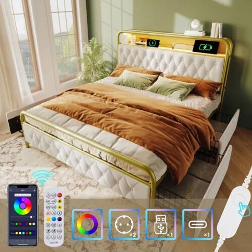 Lit rembourré Lit double avec cadre de lit métallique USB Type C 140 x 200 Cadre de lit et 4 tiroirs, velours (sans matelas)