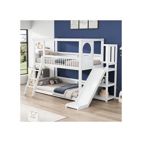 Lit D'enfant Multifonctionnel Avec Étagères, Avec Glissière, Sans Matelas, Blanc, 90*200