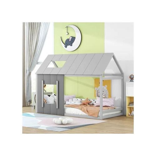 90 X 200 Lit D'enfant, Lit D'enfant En Forme De Maison, Lit Plat À Une Place Avec Toit Et Fenêtre, Gris Foncé + Gris Clair