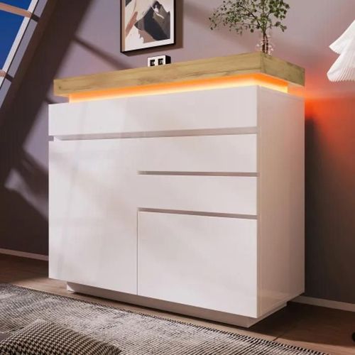 Commode, Buffet Brillant Avec 2 Portes Et 3 Tiroirs, Éclairage Led, Meuble Multifonctionnel, 115 X 110 X 39 Cm, Blanc