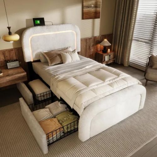 Cadre De Lit Avec Fonction De Recharge Usb Type C, Éclairage Led Et 2 Tiroirs, Lit Simple Rembourré, 90x200cm Blanc (Sans Matelas)