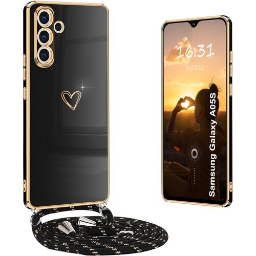 Coque Samsung Galaxy A05s Avec Cordon, Coque Samsung A05s Avec Collier Housse Silicone Avec Motif Rose Étui Antichoc Avec Cordon Réglable Cover Samsung A05s, Noir