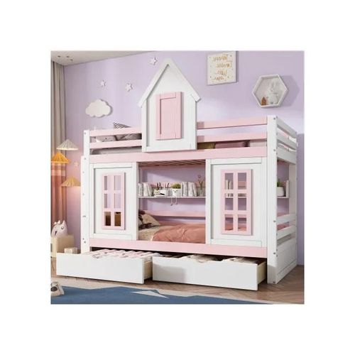 Lit Superposé, Deux Tiroirs Sur Roulettes, Etagères Ouvertes, Espace De Rangement Supplémentaire, Pin + Mdf, Blanc + Rose