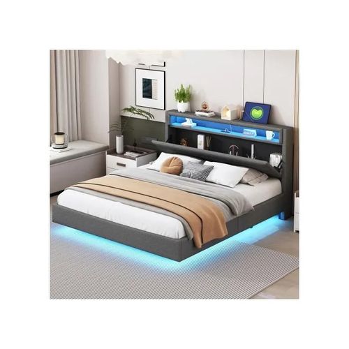 Lit Capitonné 160x200 Cm, Avec Prise Usb Et Éclairage Led, Tête De Lit Réversible, Pied De Lit Dissimulé, Tissu Lin Gris