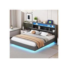Lit Capitonné 160x200 Cm, Avec Prise Usb Et Éclairage Led, Tête De Lit Réversible, Pied De Lit Dissimulé, Tissu Lin Gris