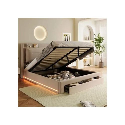 140*200, Lit Hydraulique, Tiroirs 2 En 1 Au Bout Du Lit, Bandes Lumineuses Led Des Deux Côtés Du Lit, Matelas Non Inclus, Beige