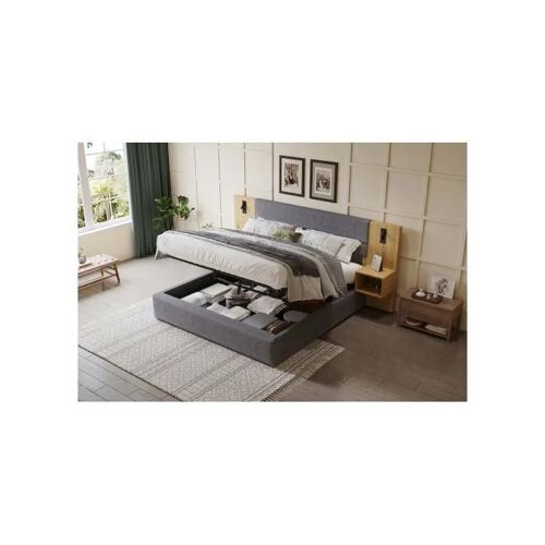 Lit rembourré 160 x 200 cm, côté large hydraulique avec port USB, éclairé, gris + naturel