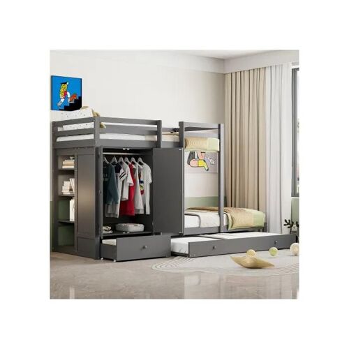 Lit superposé en bois massif 90*200 avec lit gigogne, avec armoire, tiroirs et compartiments de rangement, gris