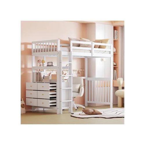 Lit Mezzanine 90*200 Cm, Échelle De Sécurité Verticale, Tiroirs Et Étagères, Design High Fence, Lit Simple En Bois Blanc