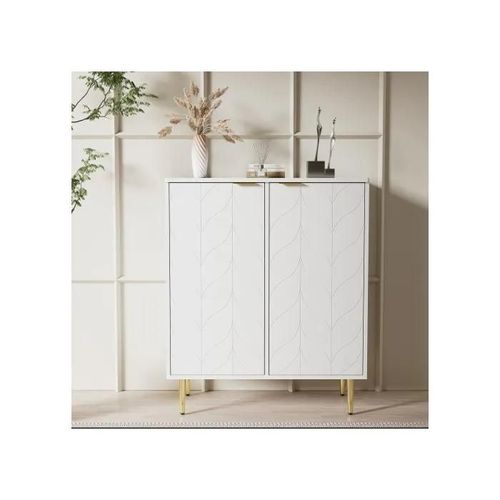 Buffet 2 Portes, Motif Floral, Laque Cuite, Design D'angle Antichoc, 3 Étagères, 6 Compartiments, 75l*40p*90h, Blanc