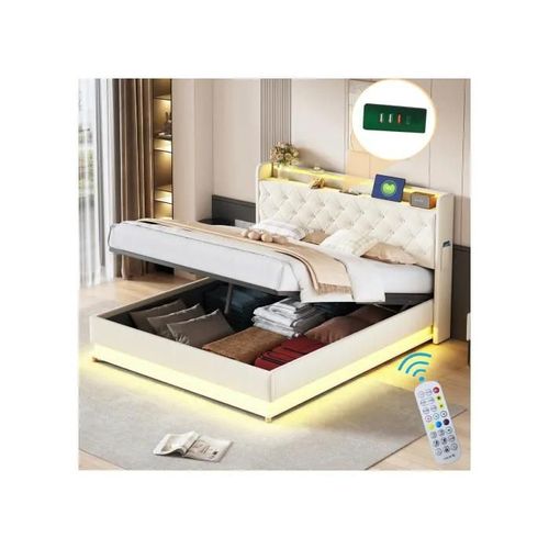 Led Lit Rembourré 160*200 Cm Avec Prise De Charge Usb Et Support Hydraulique, Tissu En Lin Agréable Pour La Peau Beige