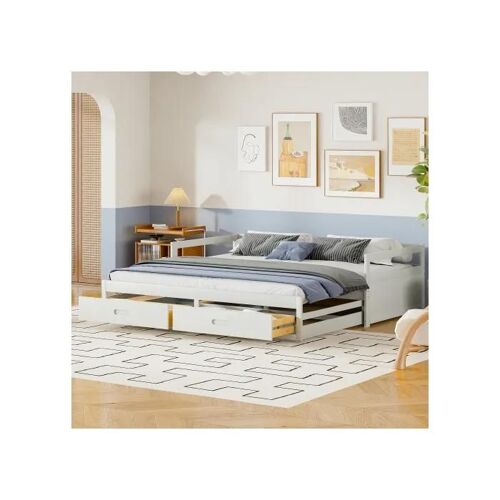 90/180*200 cm Canapé-lit extensible avec tiroirs et sommier à lattes, lit en pin avec espace de rangement, blanc