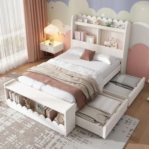 Lit D'enfant Avec Tiroirs De Rangement, Banc Avec Espace De Rangement, 90x200 Cm, Blanc Avec Couleur Chêne (Matelas Non Inclus).