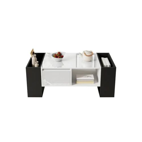 Table Basse Moderne 105 X 60 X 40,5cm - Design Noir Et Blanc Avec Finition Brillante, Tiroir Et Plateau En Bois.