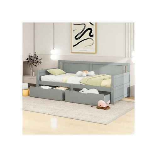 Canapé-Lit 90*200, Lit Simple Avec Deux Compartiments De Rangement, Cadre En Bois Massif, Lit En Bois Massif, Gris