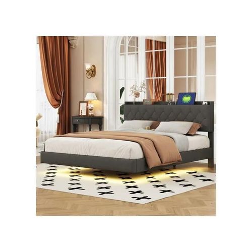 Lit Rembourré 160*200 Cm, Avec Prise De Charge Usb Et Bande Led À Couleur Changeante, Tissu En Lin Doux Pour La Peau