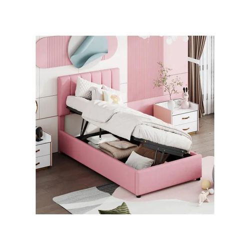 Lit D'enfant Lit Rembourré 90x200 Cm, Lit De Rangement Hydraulique, Lit Haut En Lin Doux Pour La Peau, Rose