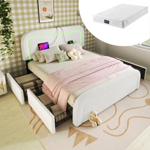 USB Type C, éclairage LED et cadre de lit avec 4 tiroirs, lit rembourré 140x200cm, tête de lit réglable Blanc (avec matelas)