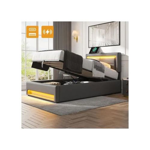 Lit Rembourré 90 X 200 Cm, Avec Port Usb, Avec Éclairage Led Et Espace De Rangement, Sans Matelas, Motif Pu-Litschi, Gris