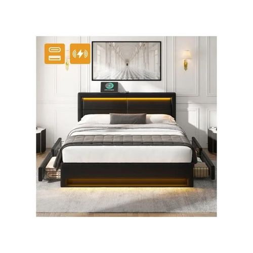 Lit Rembourré 140 X 200 Cm, Avec Port Usb, Avec Éclairage Led Et Quatre Tiroirs, Sans Matelas, Motif Pu-Litchi, Noir