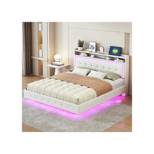 Lit Rembourré 160*200, Avec Prise Usb Et Lumière Led, Peut Être Placé À La Tête Du Lit, Tissu De Lin Beige