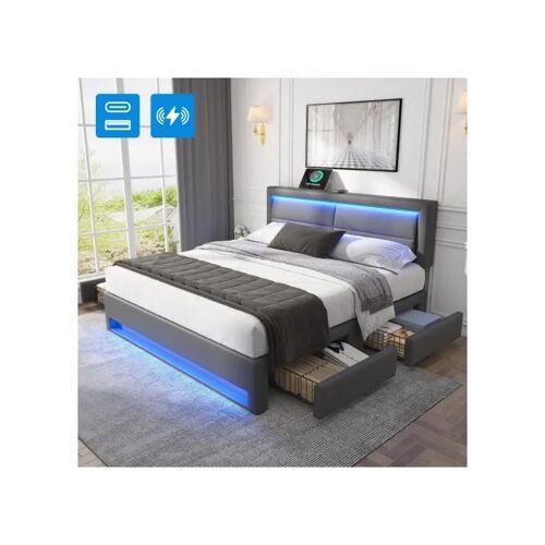 Lit rembourré 140 x 190 cm, avec port USB, éclairage LED et quatre tiroirs de rangement, sans matelas, motif Lychee en PU, gris