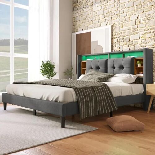 Lit double capitonné Tête de lit avec chargeur USB et éclairage LED Cadre de lit, 140*200CM Gris (sans matelas)