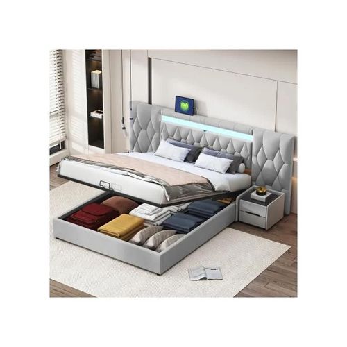 lgant Lit Capitonn 160x200 Avec Grand Dossier, Lit En Velours Avec Led Et Prises Usb, Lit Classique En Gris