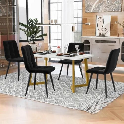 Table De Salle À Manger 117 Cm Avec 4 Chaises, Table Rectangulaire, Chaises De Salle À Manger En Velours Noir, Pieds Dorés.