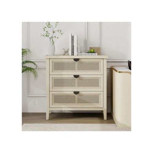 Buffet Décoratif De 31,5 Pouces Avec Trois Tiroirs, Doté De Portes Interchangeables En Rotin À Motif Alvéolé.
