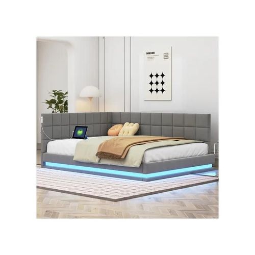 Lit rembourré Canapé-lit 140*200 Lit multifonctionnel avec barre lumineuse LED, prise USB et sommier à lattes