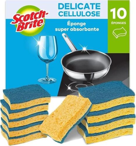 Scotch-Brite Delicate Éponge à Récurer en Cellulose non Rayante , 10 Pièces - Tampon à Récurer Très Absorbant, Bleu - Anti-rayures