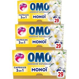 OMO - Lessive liquide en capsules 3 en 1 Tahiti - 87 lavages - Monoi - Parfum longue durée aux essences naturelles (lot de 3x29)